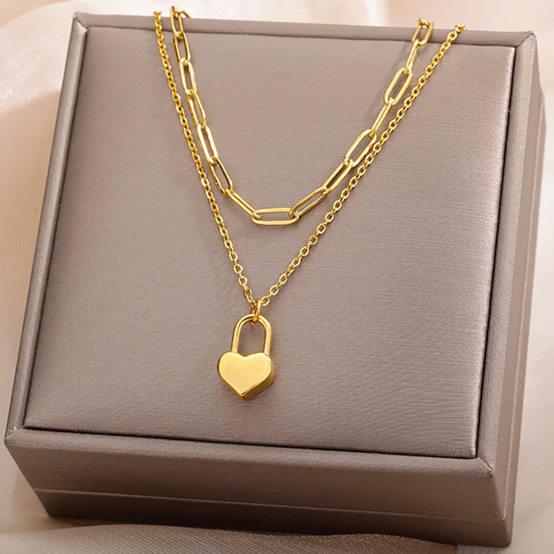 Colar de coração, lua, pérola, estrela multicamadas de aço inoxidável 316l, para mulheres, meninas, cor dourada