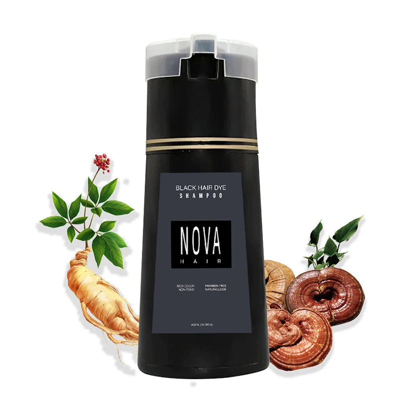 Shampoo de tingimento capilar Black Nova Hair Instant Dye 3 em 1 para homens e mulheres . Fórmula que cuida dos cabelos, controla a oleosidade e da nutrição capilar.