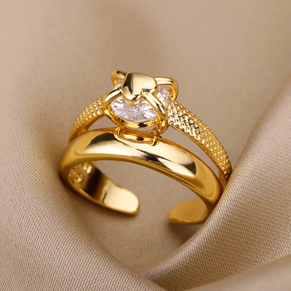 Anéis geométricos de luxo para mulheres, aço inoxidável banhado a ouro 18 k, cor dourada em formato aberto.