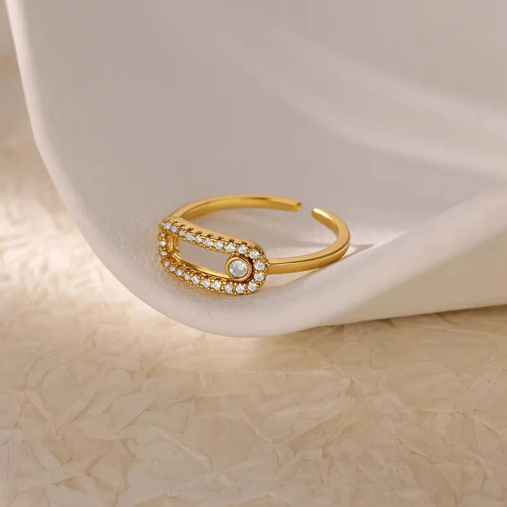 Anéis geométricos de luxo para mulheres, aço inoxidável banhado a ouro 18 k, cor dourada em formato aberto.