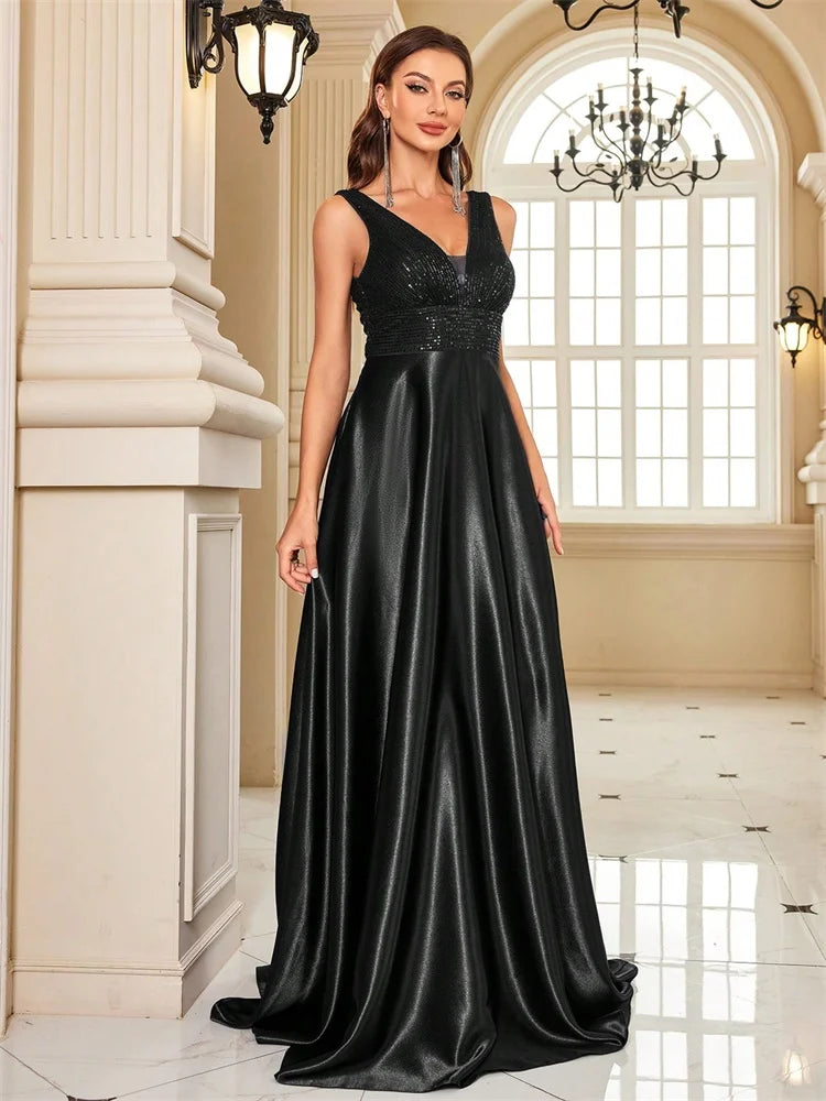Vestido de Noite com Lantejoulas e Decote em V – Elegância e Sofisticação 2025