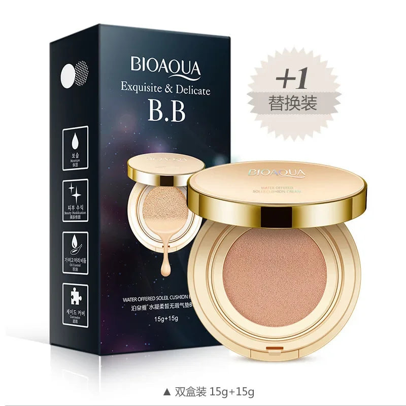 Bioaqua Base corretiva com esponja. Hidrata e clareia a pele. Cosmético de cobertura perfeita