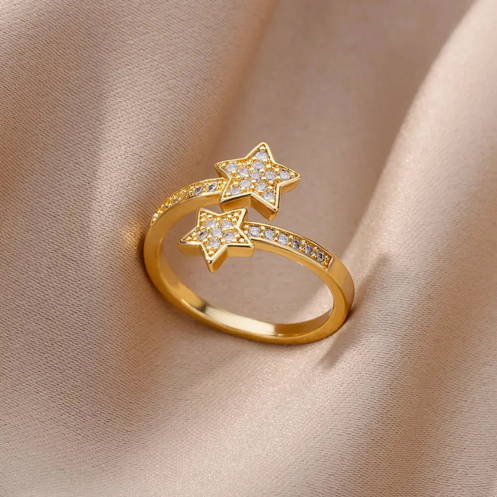 Anéis geométricos de luxo para mulheres, aço inoxidável banhado a ouro 18 k, cor dourada em formato aberto.