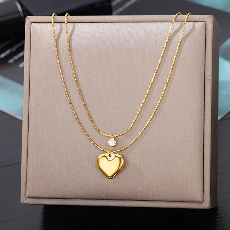 Colar de coração, lua, pérola, estrela multicamadas de aço inoxidável 316l, para mulheres, meninas, cor dourada