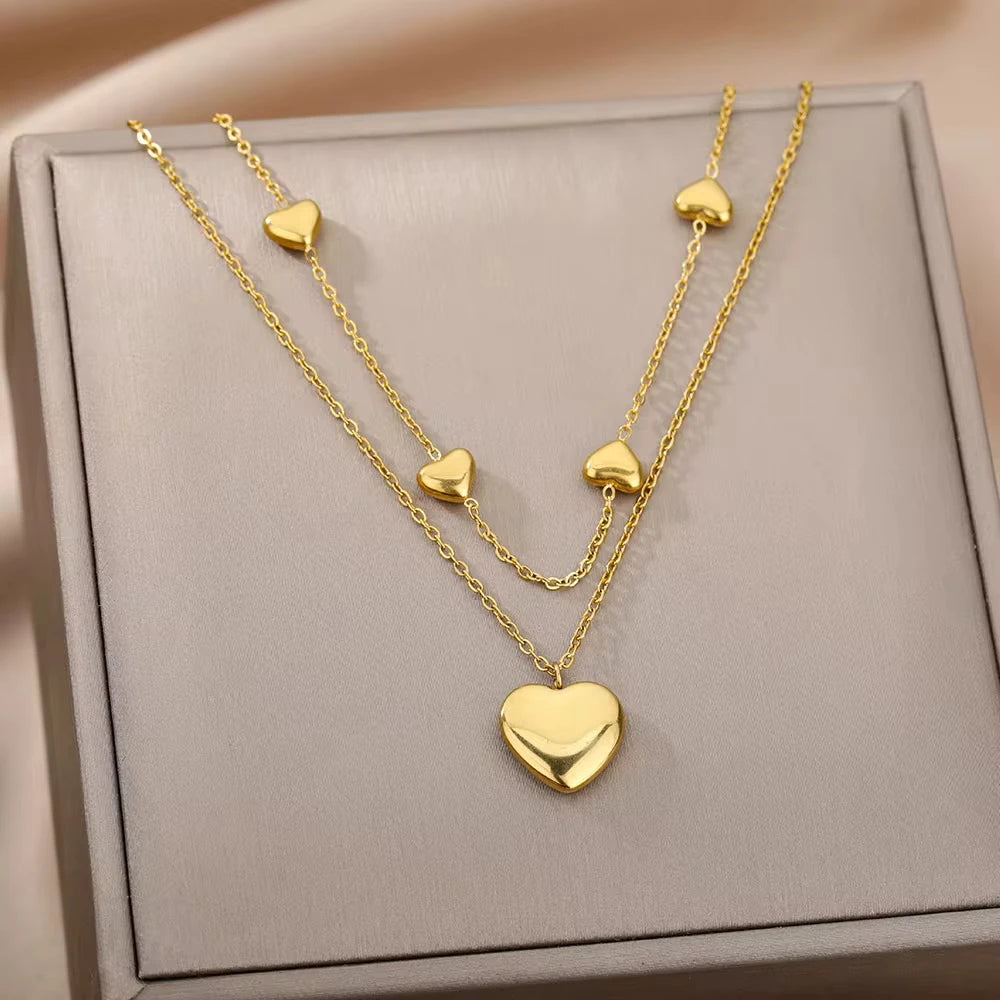 Colar de coração, lua, pérola, estrela multicamadas de aço inoxidável 316l, para mulheres, meninas, cor dourada