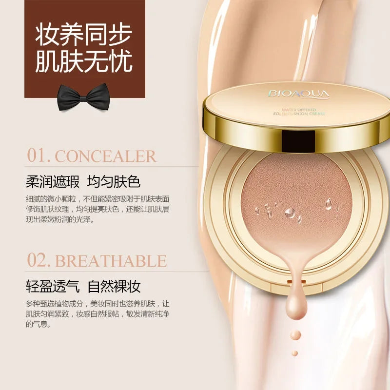 Bioaqua Base corretiva com esponja. Hidrata e clareia a pele. Cosmético de cobertura perfeita