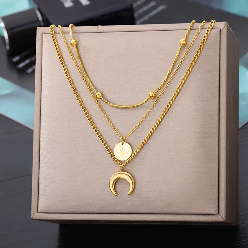 Colar de coração, lua, pérola, estrela multicamadas de aço inoxidável 316l, para mulheres, meninas, cor dourada