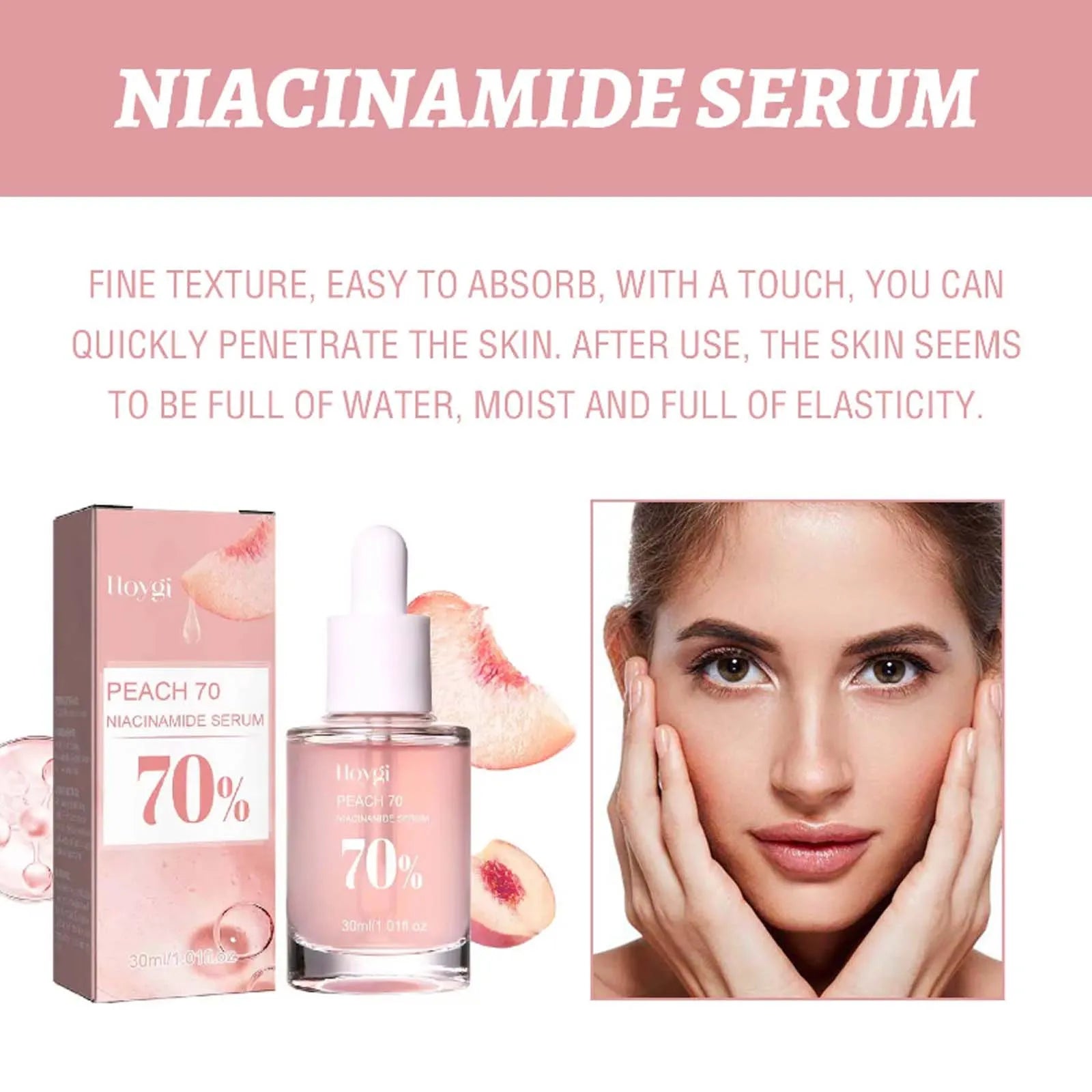 Pêssego 70% com niacinamida. É um soro facial hidratante que trabalha em cima dos poros e remove as manchas escuras
