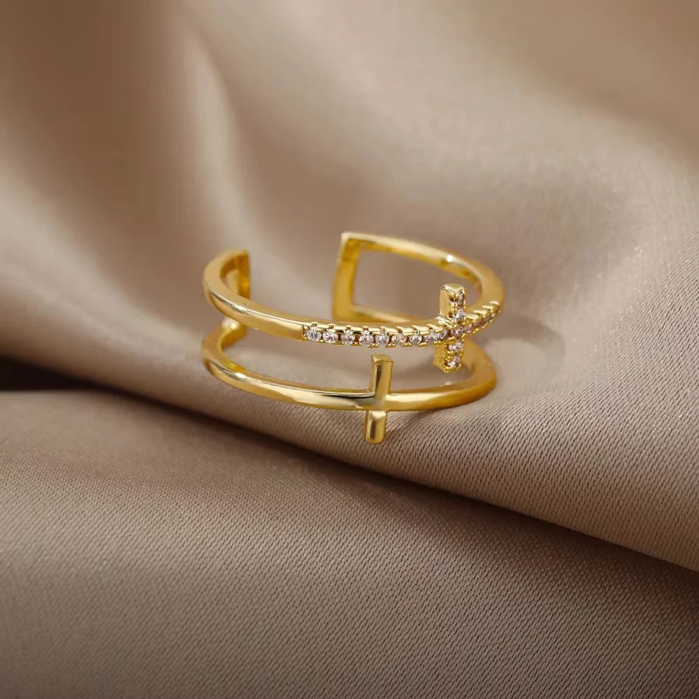 Anéis geométricos de luxo para mulheres, aço inoxidável banhado a ouro 18 k, cor dourada em formato aberto.
