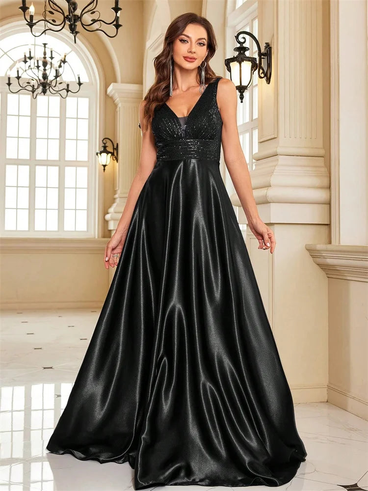 Vestido de Noite com Lantejoulas e Decote em V – Elegância e Sofisticação 2025