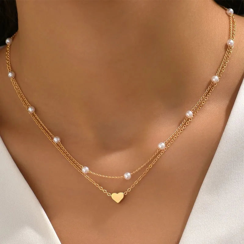 Conjunto de colar de pérolas feminino, 3 peças, ouro 14k, moda amor, coração, pingente, à prova d'água, hipoalergênico.