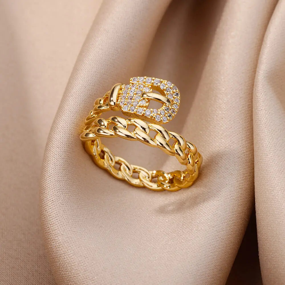 Anéis geométricos de luxo para mulheres, aço inoxidável banhado a ouro 18 k, cor dourada em formato aberto.