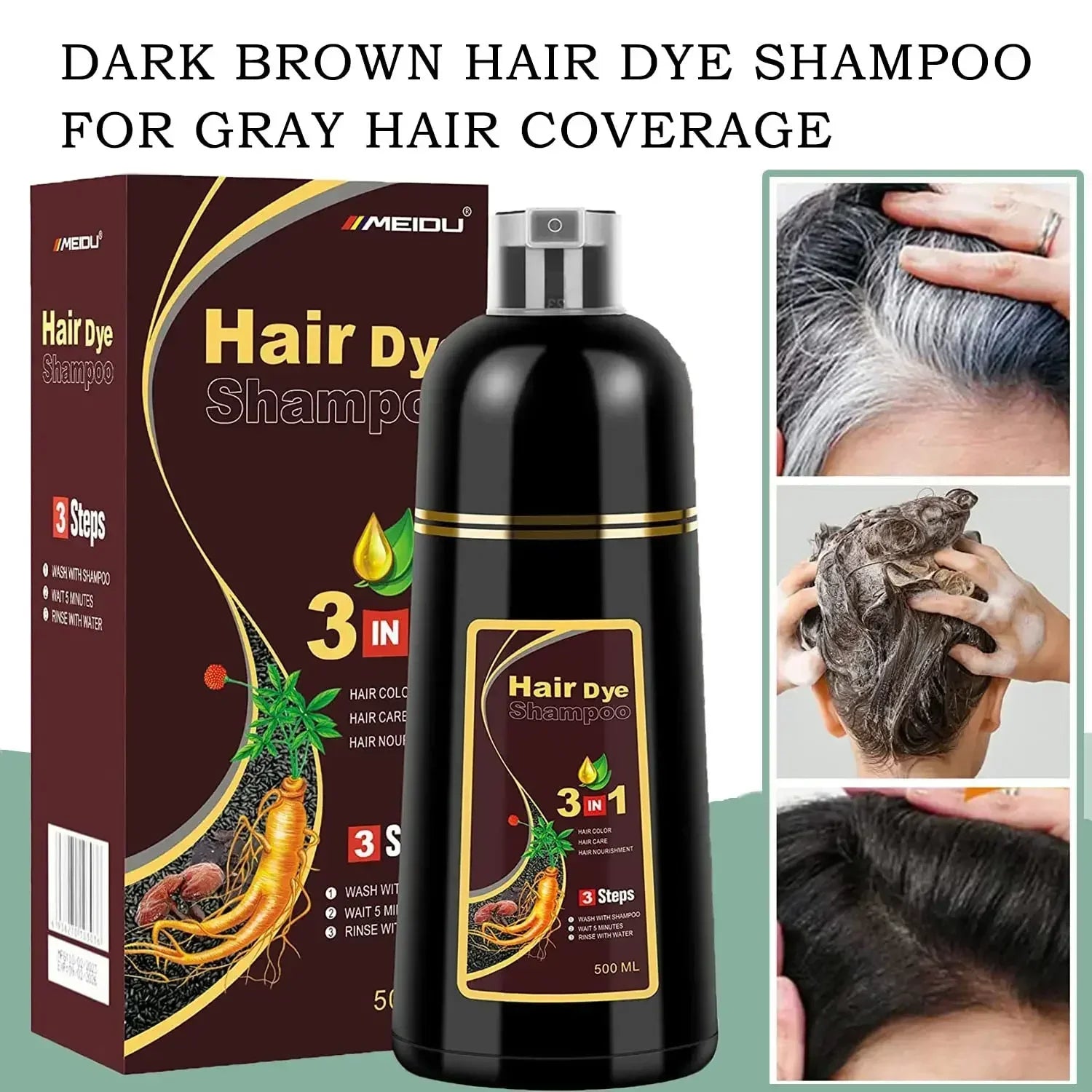 Shampoo de tintura de cabelo 3 em 1 escurecimento de cabelos instantâneo do branco ao preto.
