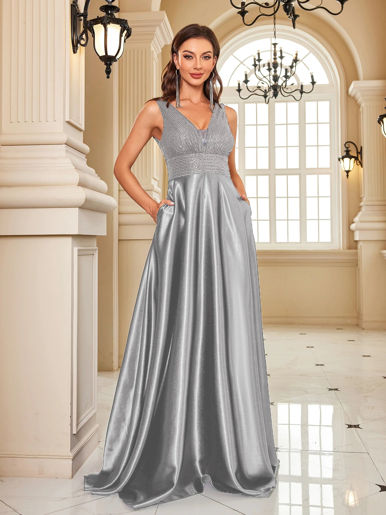 Vestido de Noite com Lantejoulas e Decote em V – Elegância e Sofisticação 2025