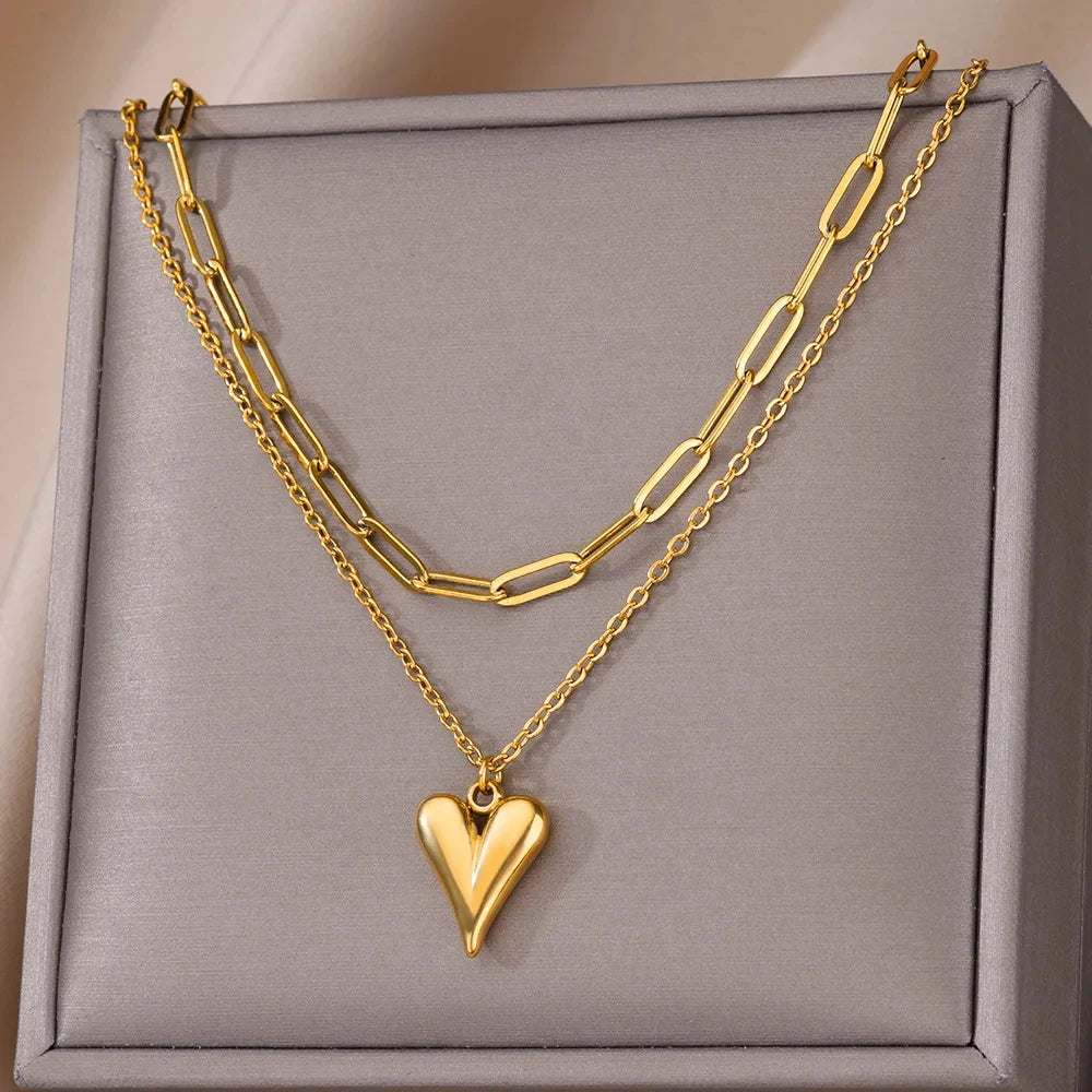 Colar de coração, lua, pérola, estrela multicamadas de aço inoxidável, para mulheres, meninas, cor dourada