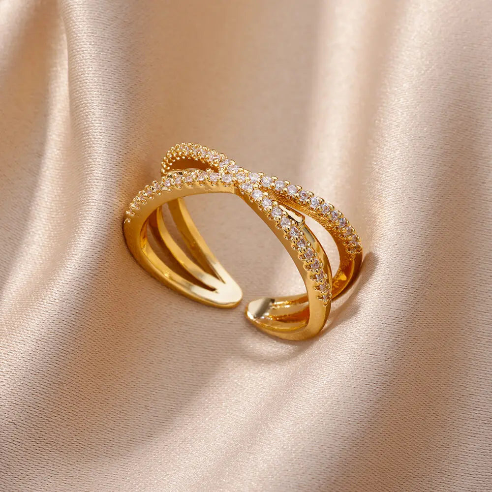 Anéis geométricos de luxo para mulheres, aço inoxidável banhado a ouro 18 k, cor dourada em formato aberto.
