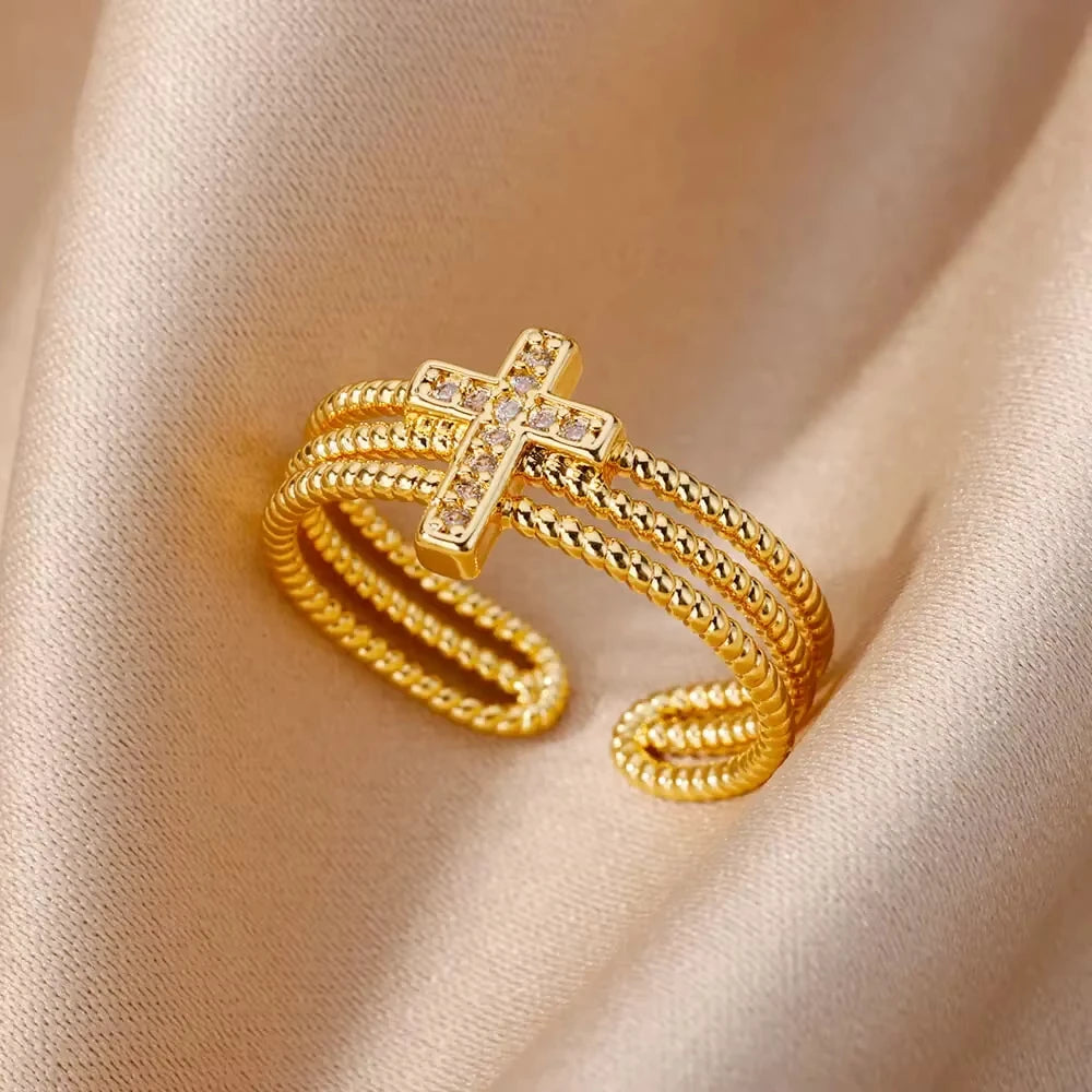 Anéis geométricos de luxo para mulheres, aço inoxidável banhado a ouro 18 k, cor dourada em formato aberto.