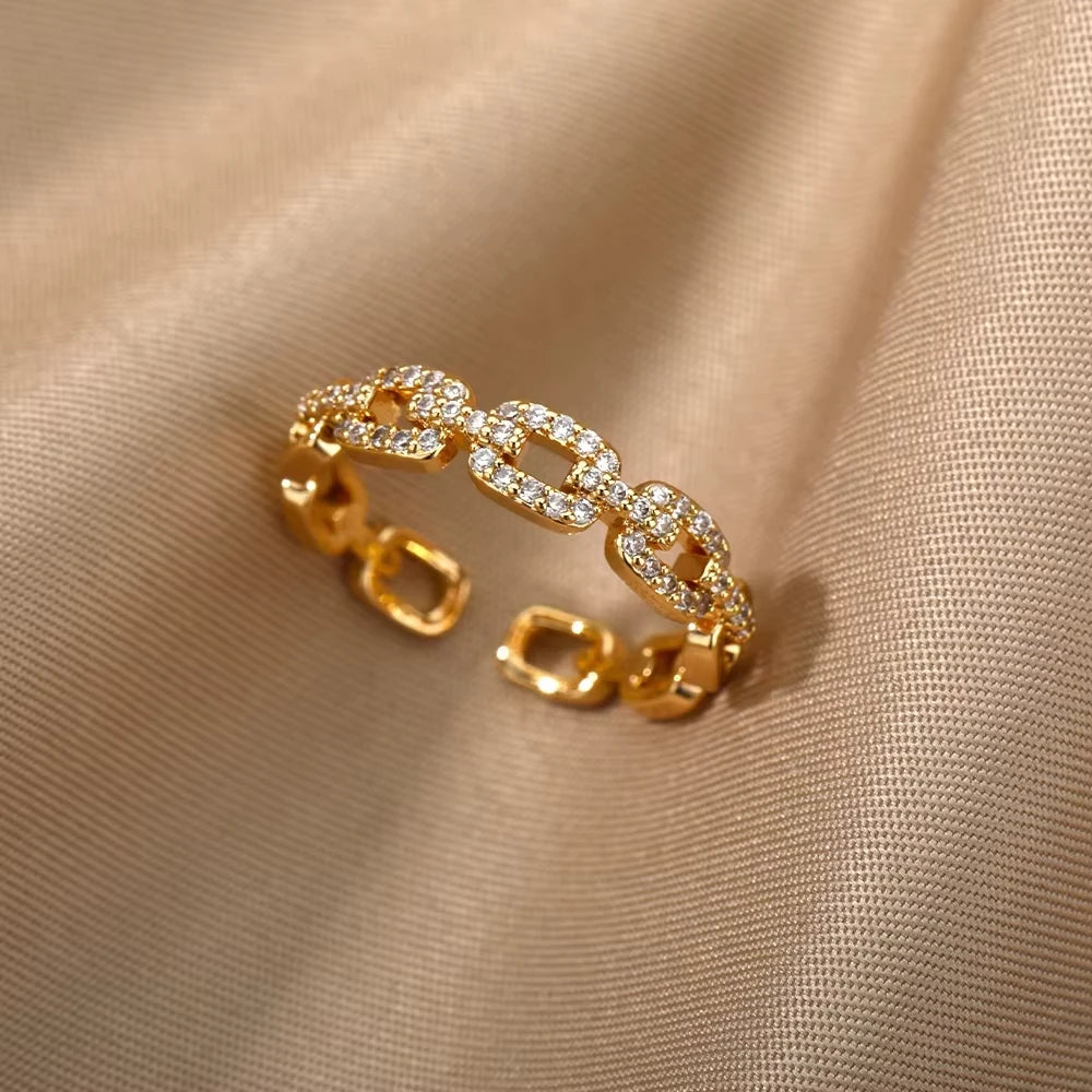 Anéis geométricos de luxo para mulheres, aço inoxidável banhado a ouro 18 k, cor dourada em formato aberto.