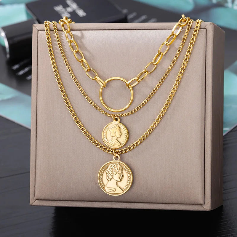 Colar de coração, lua, pérola, estrela multicamadas de aço inoxidável 316l, para mulheres, meninas, cor dourada