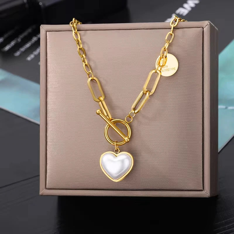 Colar de coração, lua, pérola, estrela multicamadas de aço inoxidável 316l, para mulheres, meninas, cor dourada