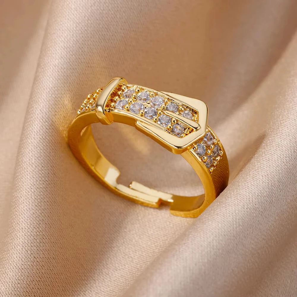 Anéis geométricos de luxo para mulheres, aço inoxidável banhado a ouro 18 k, cor dourada em formato aberto.