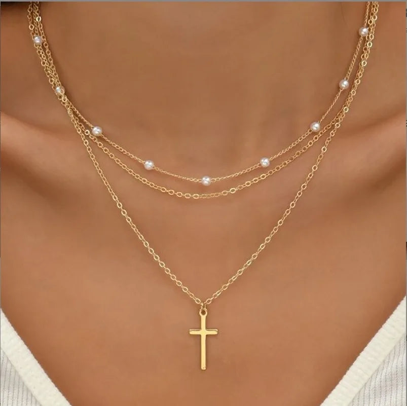 Conjunto de colar de pérolas feminino, 3 peças, ouro 14k, moda amor, coração, pingente, à prova d'água, hipoalergênico.