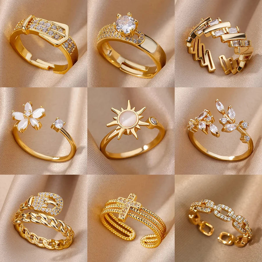Anéis geométricos de luxo para mulheres, aço inoxidável banhado a ouro 18 k, cor dourada em formato aberto.