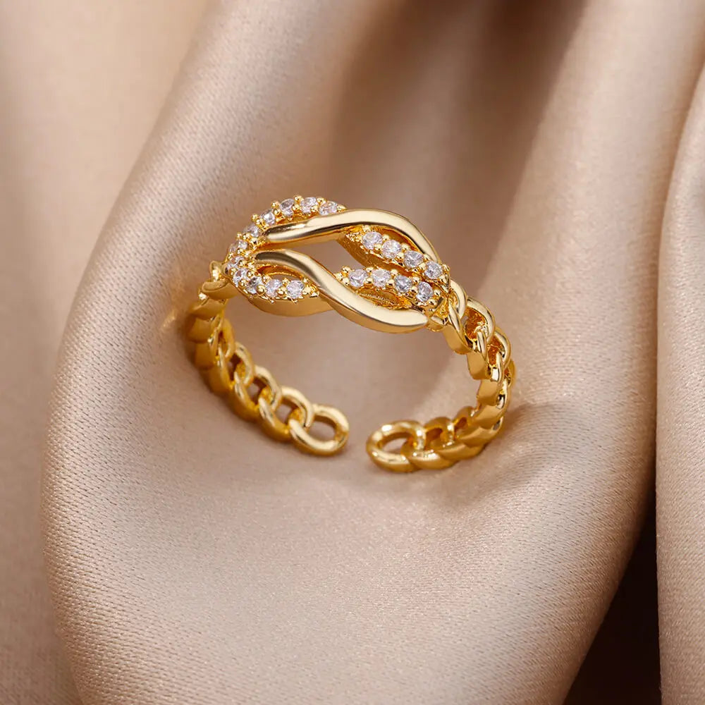 Anéis geométricos de luxo para mulheres, aço inoxidável banhado a ouro 18 k, cor dourada em formato aberto.