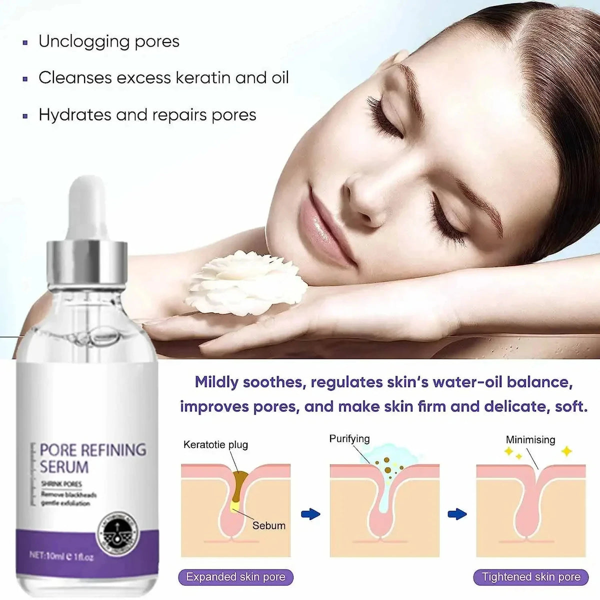 Soro de encolhimento de poros, remoção facial de poros grandes, reparação de poros grandes, creme minimizador de poros faciais