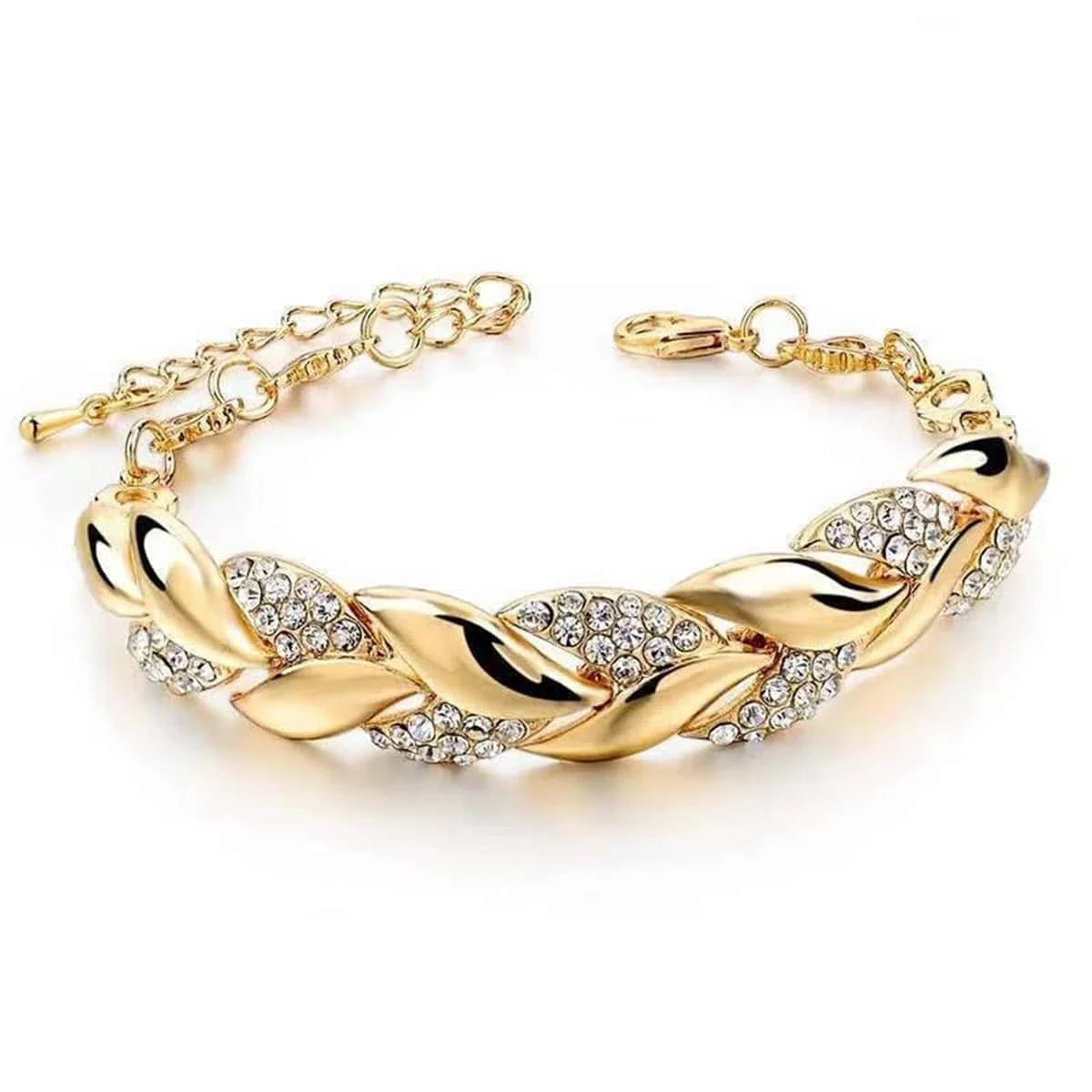 Pulseira feminina folheado a ouro com pedrinhas brilhantes de cristal.  Ajustável  no braço.