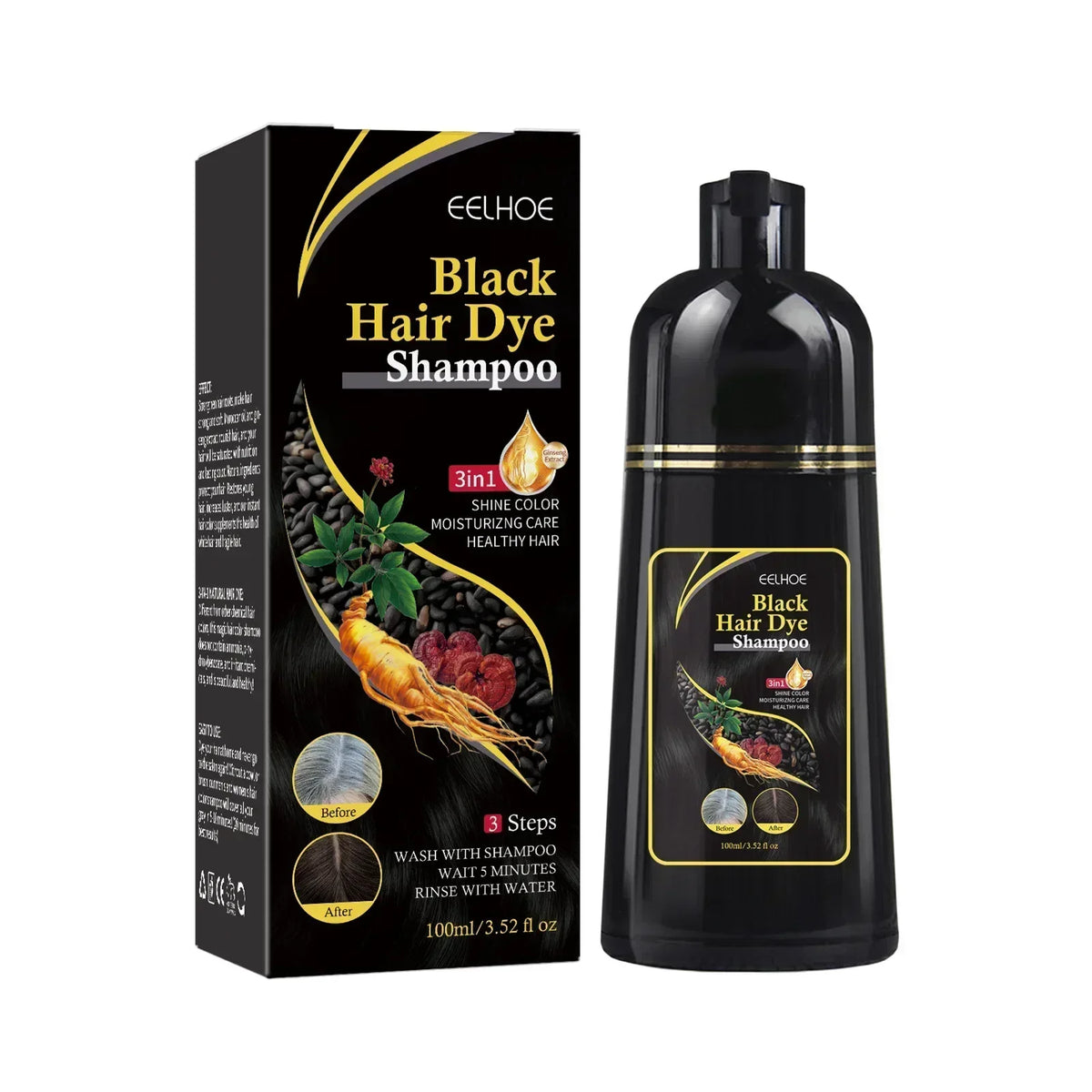 Shampoo de tintura de cabelo 3 em 1 escurecimento de cabelos instantâneo do branco ao preto.