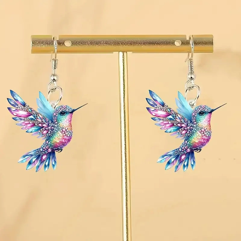 Brincos de acrílico beija-flor para mulheres estilo retro colorido