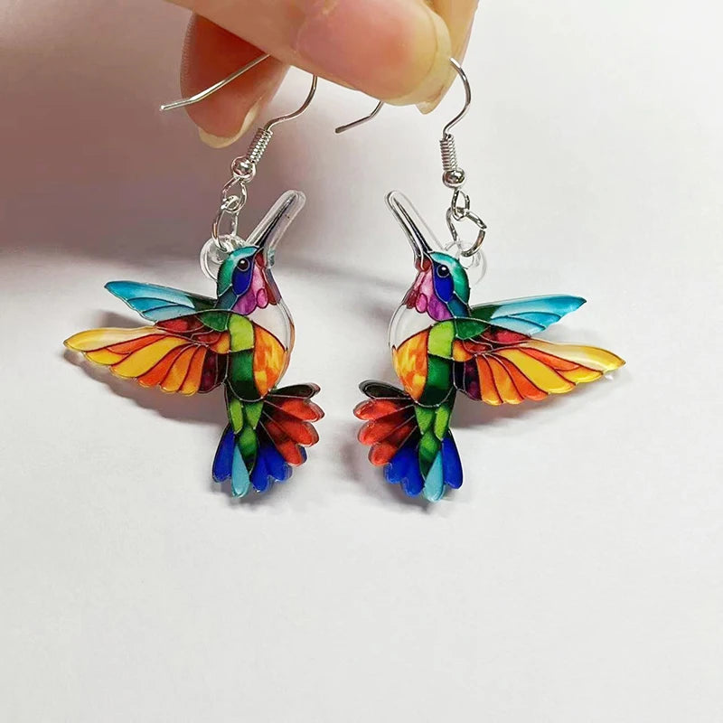 Brincos de acrílico beija-flor para mulheres estilo retro colorido