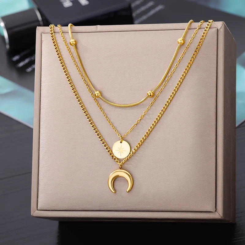Colar de coração, lua, pérola, estrela multicamadas de aço inoxidável 316l, para mulheres, meninas, cor dourada
