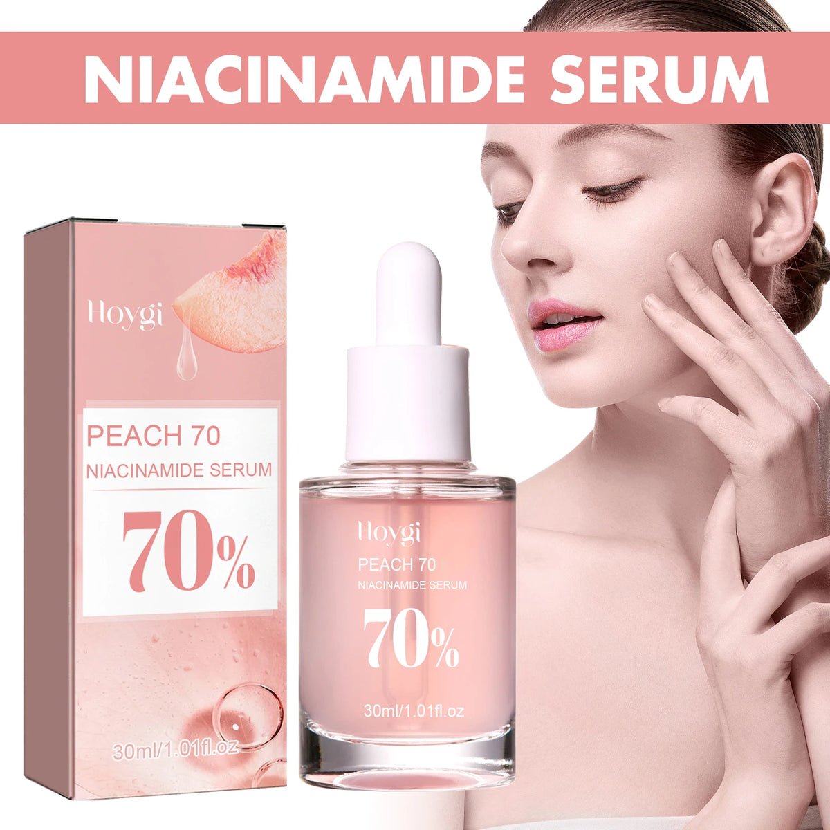 Pêssego 70% com niacinamida. É um soro facial hidratante que trabalha em cima dos poros e remove as manchas escuras