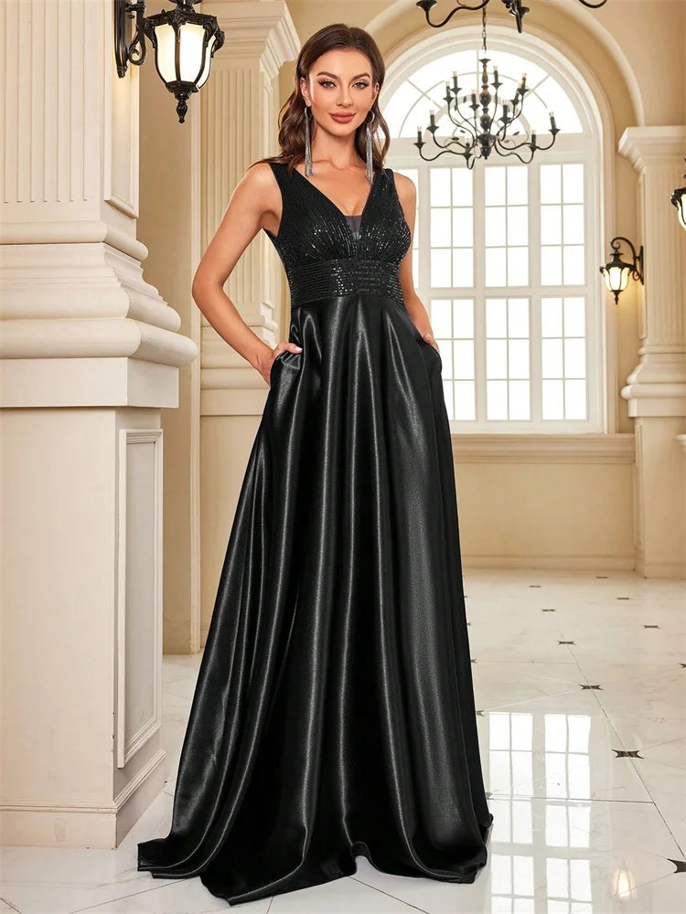 Vestido de Noite com Lantejoulas e Decote em V – Elegância e Sofisticação 2025