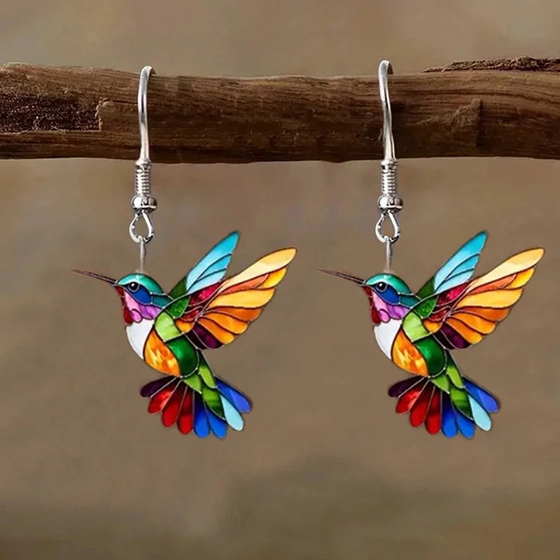 Brincos de acrílico beija-flor para mulheres estilo retro colorido