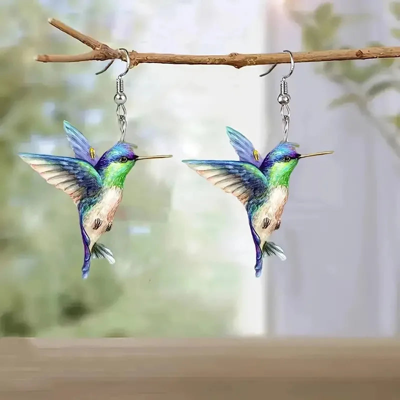 Brincos de acrílico beija-flor para mulheres estilo retro colorido