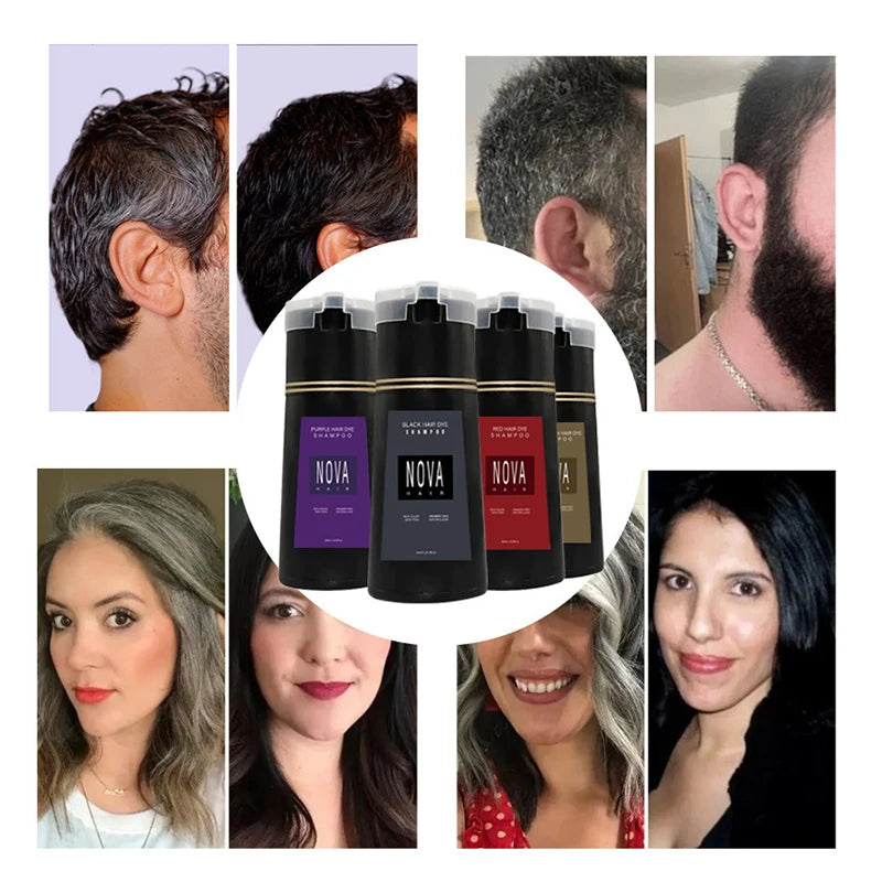 Shampoo de tingimento capilar Black Nova Hair Instant Dye 3 em 1 para homens e mulheres . Fórmula que cuida dos cabelos, controla a oleosidade e da nutrição capilar.