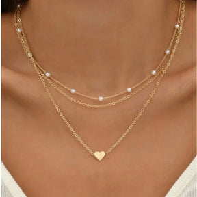 Conjunto de colar de pérolas feminino, 3 peças, ouro 14k, moda amor, coração, pingente, à prova d'água, hipoalergênico.