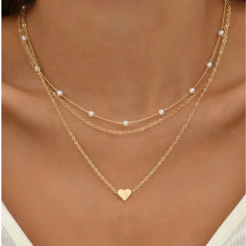 Conjunto de colar de pérolas feminino, 3 peças, ouro 14k, moda amor, coração, pingente, à prova d'água, hipoalergênico.