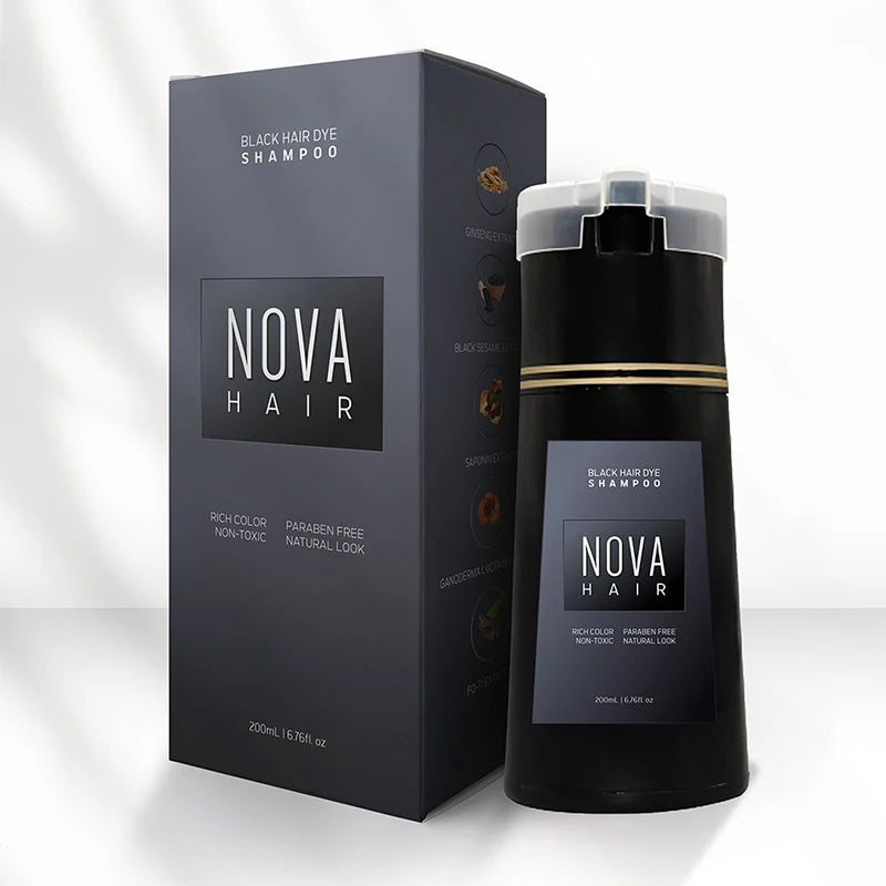 Shampoo de tingimento capilar Black Nova Hair Instant Dye 3 em 1 para homens e mulheres . Fórmula que cuida dos cabelos, controla a oleosidade e da nutrição capilar.