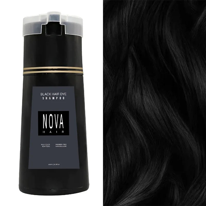 Shampoo de tingimento capilar Black Nova Hair Instant Dye 3 em 1 para homens e mulheres . Fórmula que cuida dos cabelos, controla a oleosidade e da nutrição capilar.