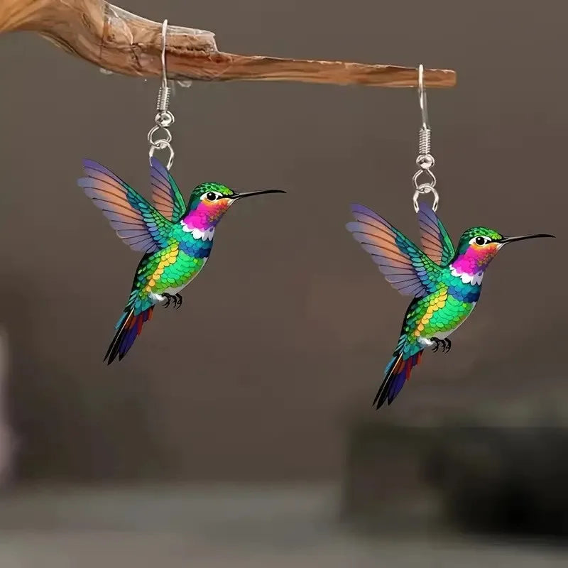 Brincos de acrílico beija-flor para mulheres estilo retro colorido